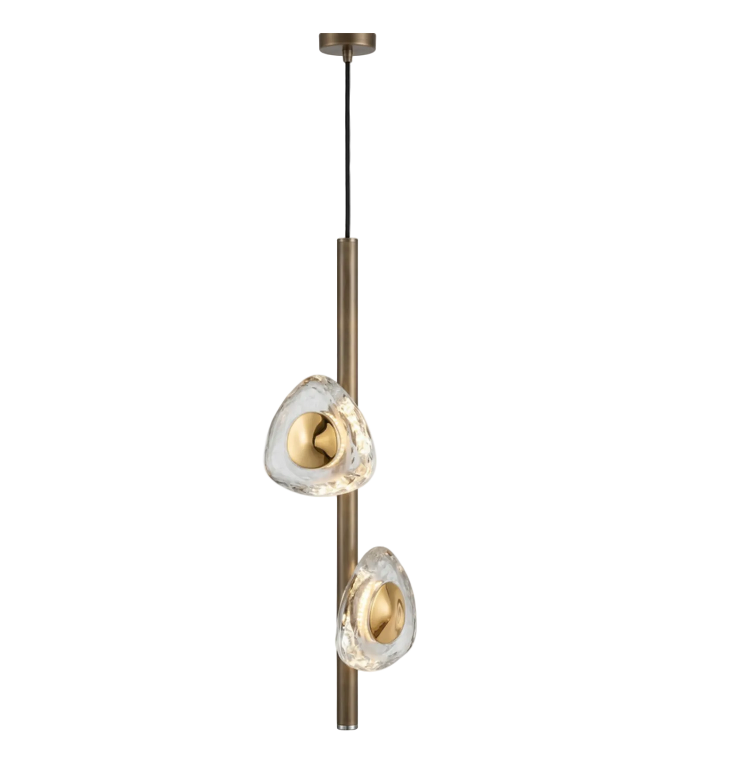 A modern multi-light linear pendant lamp with a brushed brass or bronze vertical pole, two clear textured glass droplets, and gold-toned diffusers, suspended against a plain white background.