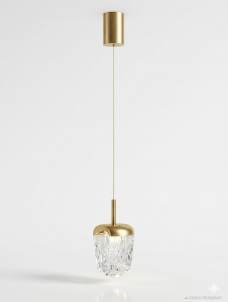 A modern pendant light fixture with a brushed gold cylindrical canopy and cap, a clear faceted crystal bowl, and a thin gold cord, shown against a plain white background.