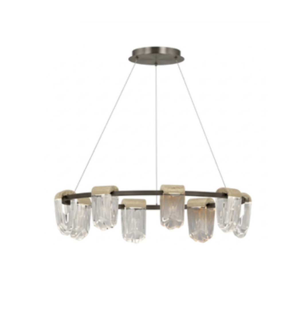 A modern ring chandelier with clear glass cylindrical shades and brushed metal hardware, suspended from a circular ceiling canopy against a plain white background.