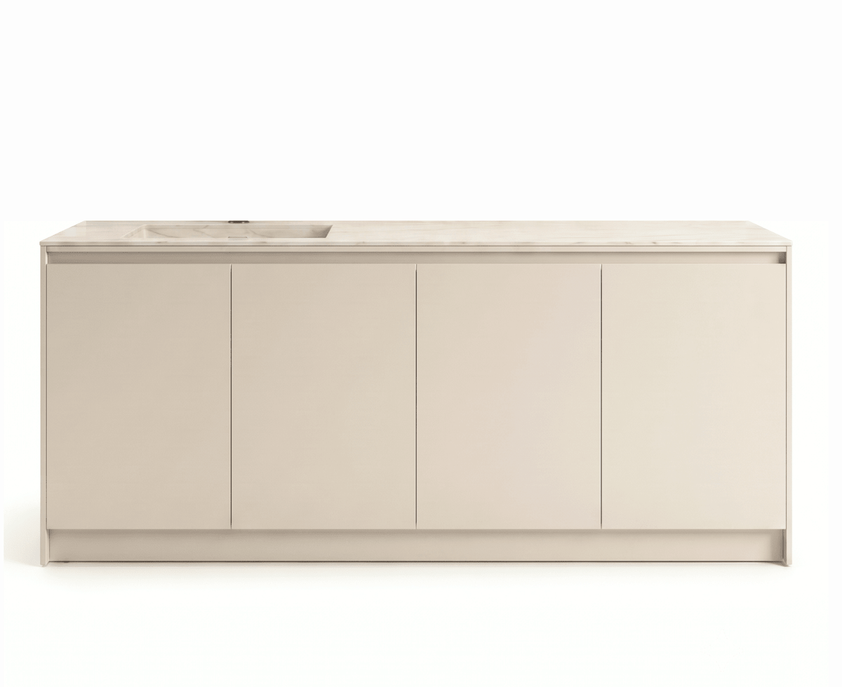 A modern kitchen island cabinet with four flat-panel doors in a warm beige finish, featuring a matching beige marble countertop with an integrated sink, shown against a solid white background.