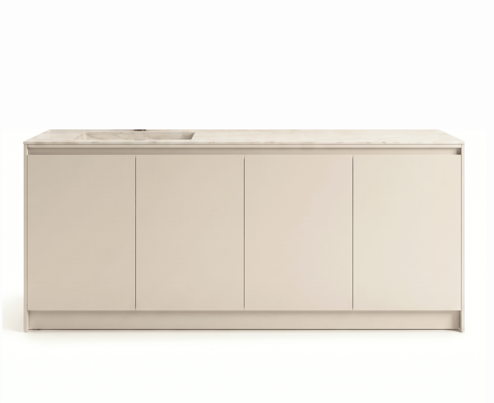 A modern kitchen island cabinet with four flat-panel doors in a warm beige finish, featuring a matching beige marble countertop with an integrated sink, shown against a solid white background.