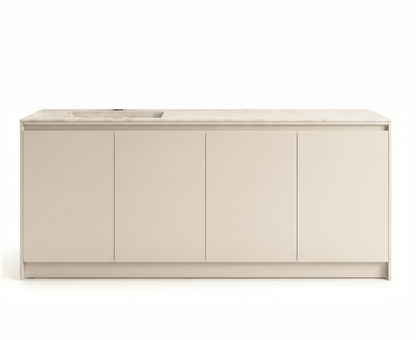 A modern kitchen island cabinet with four flat-panel doors in a warm beige finish, featuring a matching beige marble countertop with an integrated sink, shown against a solid white background.