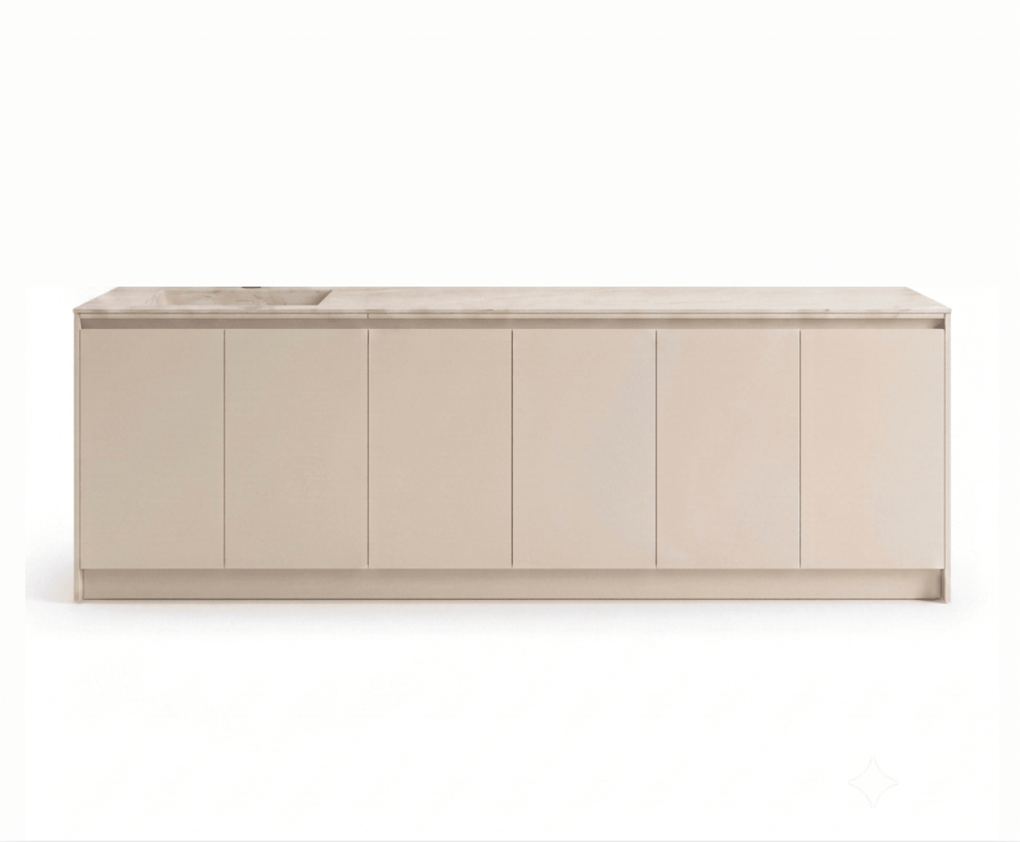 A modern kitchen island cabinet with a minimalist beige finish, featuring a matching marble-look countertop and a single integrated sink, shown against a plain white background.