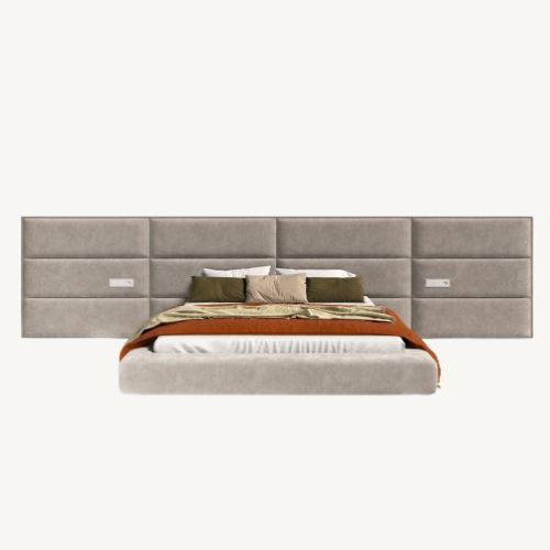 elegant italian modern bed with stylish long headboard with rectangular pieces, bed base included, available in marbella, fuengirola, gibraltar, malaga, estepona, etc