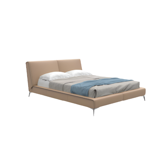 an elegant italian beige modern bed with stylish headboard sectioned in two pieces, bed base with thin aluminium legs, available in marbella, fuengirola, gibraltar, malaga, estepona, etc