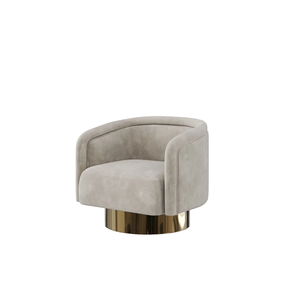 A modern barrel-style accent chair upholstered in light beige velvet, featuring a curved backrest and seat, supported by a polished gold metallic cylindrical base, set against a plain light gray background.