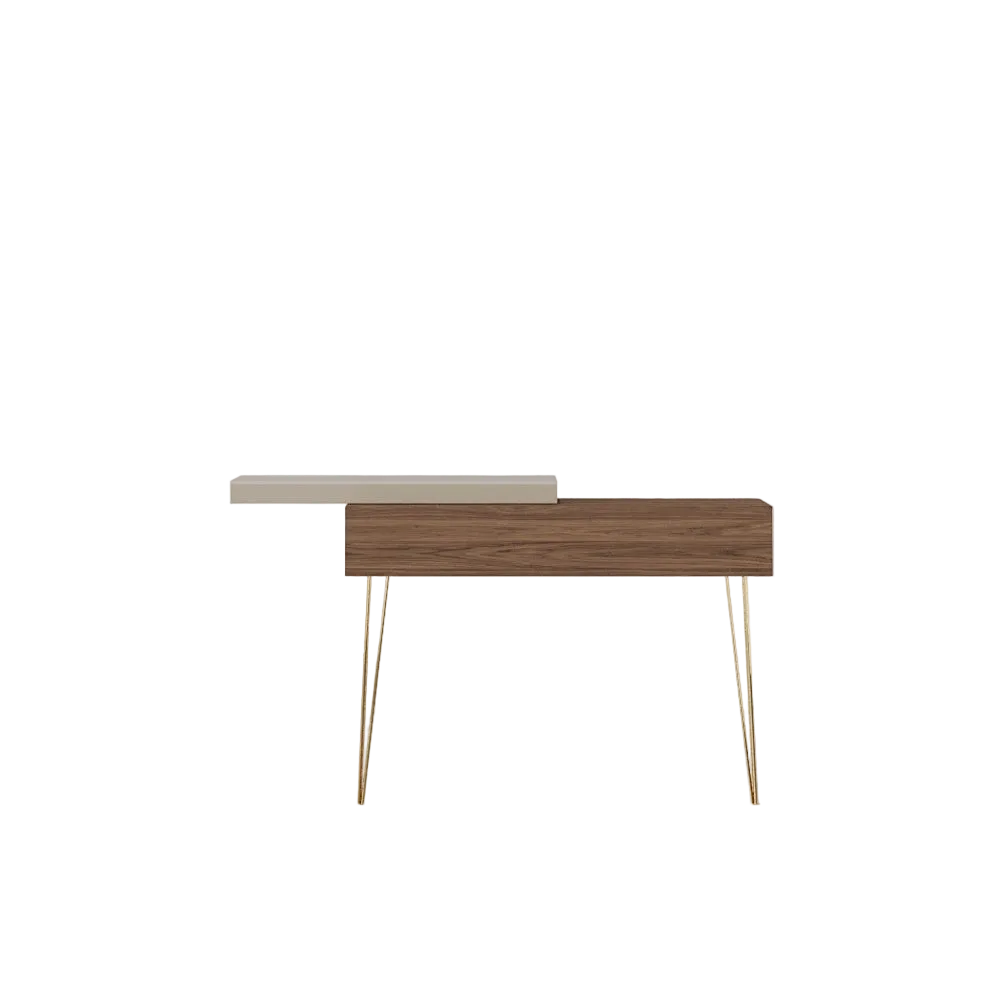 A modern console table featuring a dark brown wood-grain front, a light beige floating shelf, and slim gold metal hairpin legs, shown against a solid light gray background.